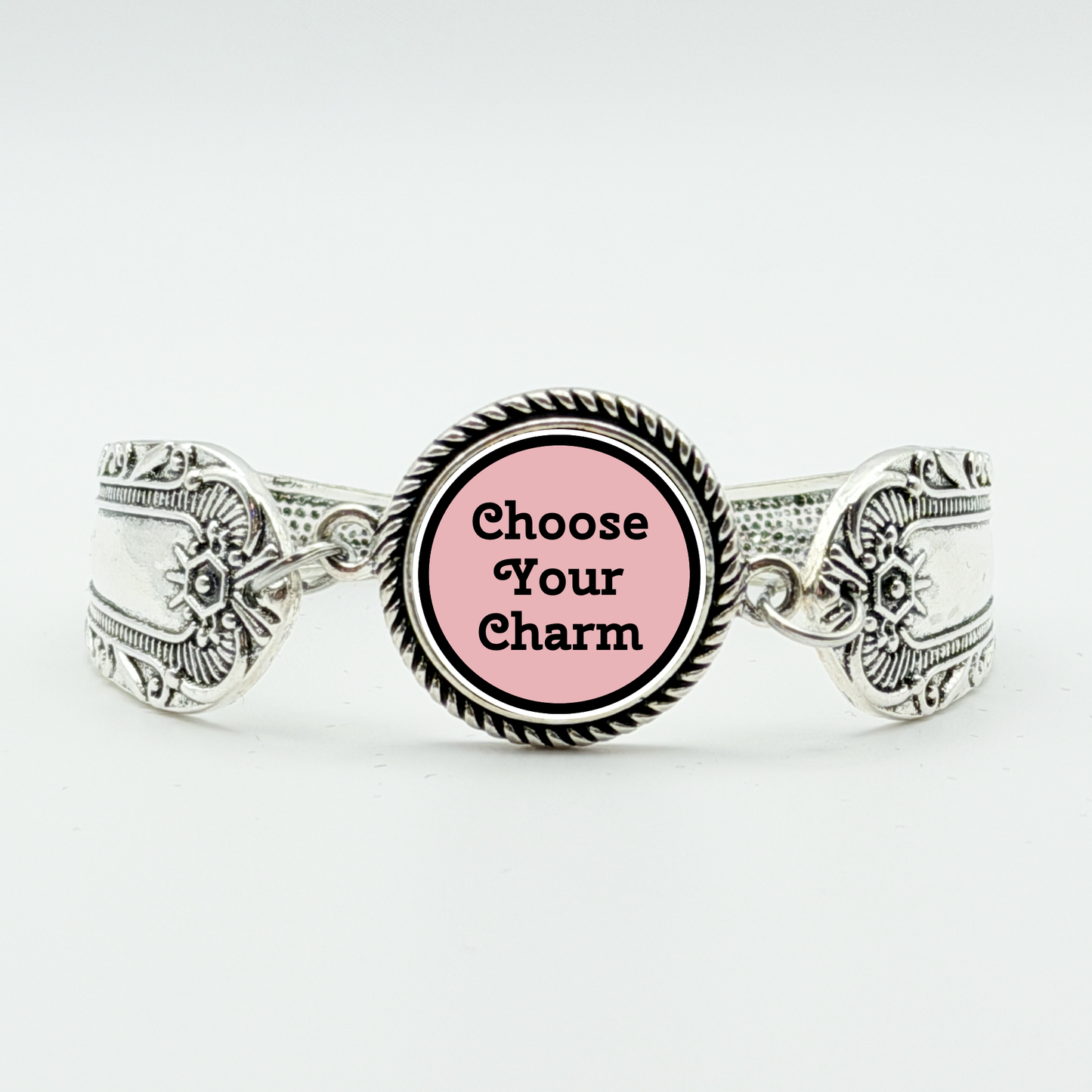 Boho Spoon Rope Trim Snap Bracelet Claw Clasp Silver Tone