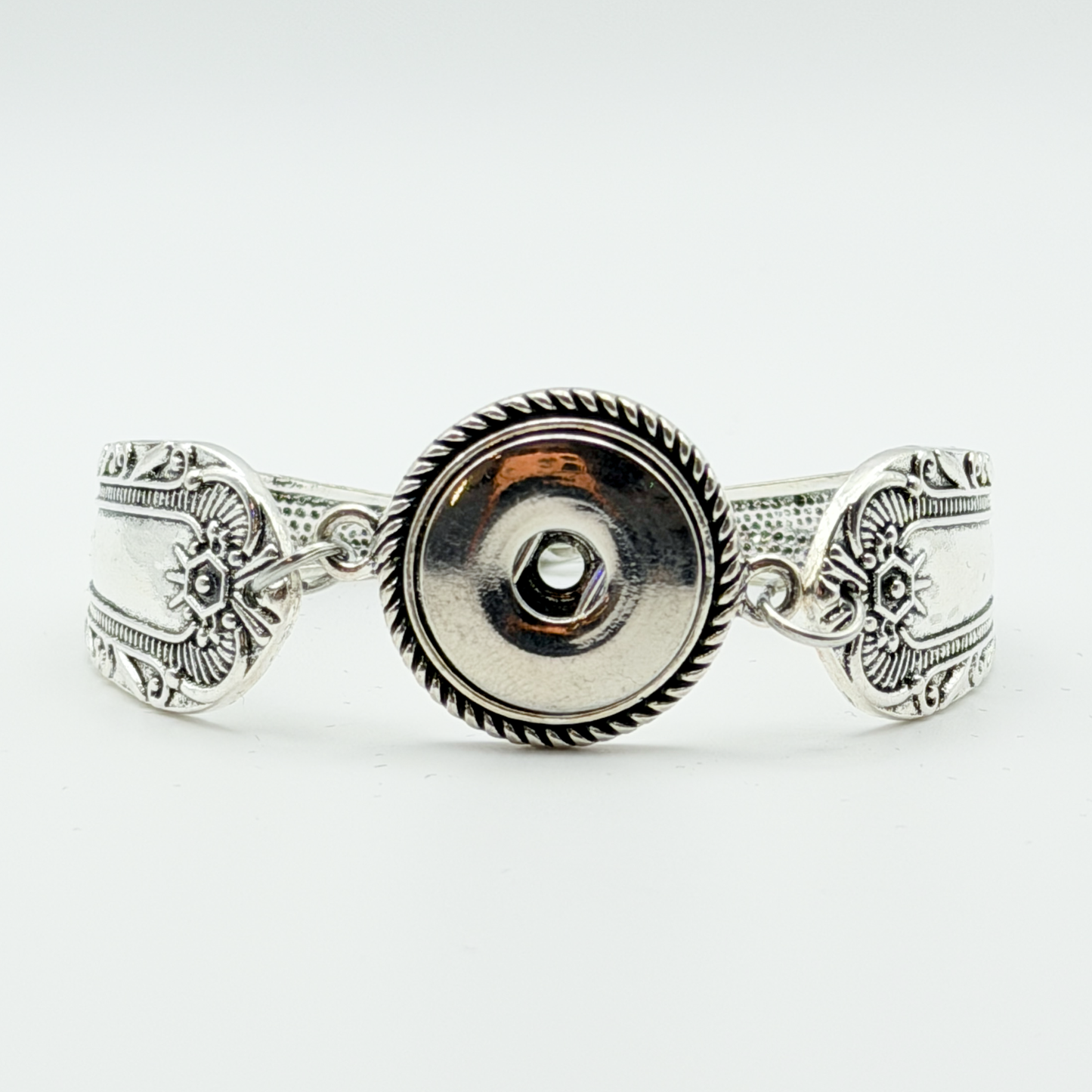 Boho Spoon Rope Trim Snap Bracelet Claw Clasp Silver Tone