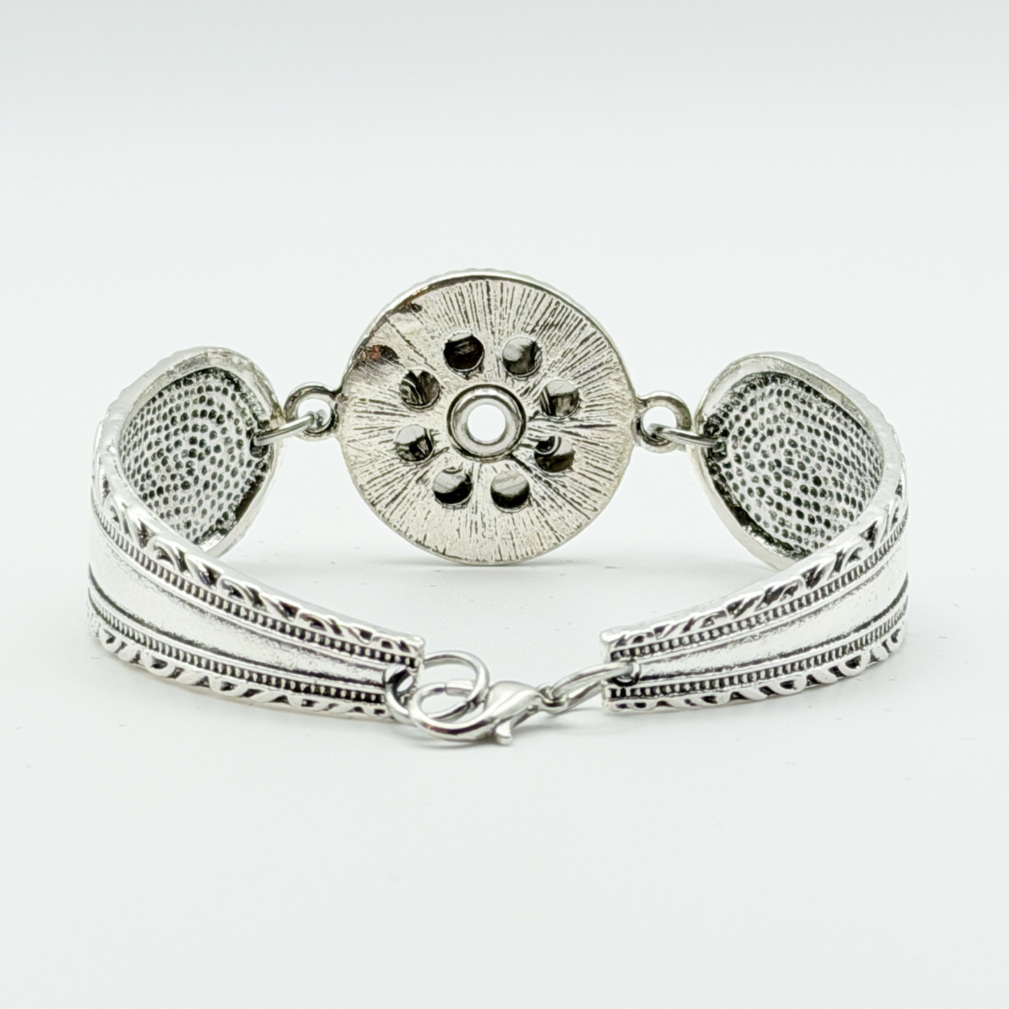 Boho Spoon Rope Trim Snap Bracelet Claw Clasp Silver Tone